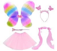 REYOK Girls Fairy Costume,Pink Fancy Butterfly Angel Wing Mesh Skirt Set for girl,Magic Wand and Headband Set,Kids Fairy Tutu Wings Costume,Kindergarten Birthday Party Dress Up Prop For Girls