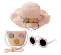 REYOK Girls Straw Hat and Mini Straw Cross Body Bag Sets with Sunglasses,Girl Foldable Wide Brim Hat Sun Protection Floppy Beach Cap for Girls Age 3-12 (UK, Age, One Size, Pale Pink)