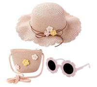 REYOK Girls Straw Hat and Mini Straw Cross Body Bag Sets with Sunglasses,Girl Foldable Wide Brim Hat Sun Protection Floppy Beach Cap for Girls Age 3-12 (UK, Age, One Size, Pink)