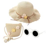 REYOK Girls Straw Hat and Mini Straw Cross Body Bag Sets with Sunglasses,Girl Foldable Wide Brim Hat Sun Protection Floppy Beach Cap for Girls Age 3-12 (UK, Age, One Size, White)