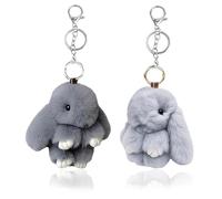 REYOK Luxury Faux Fur Pompom Bunny Keychain 2-Pack | Premium Soft Fluffy Rabbit Purse Charm for Handbags & Backpacks | Elegant Brown & Pink Gift for Women & Men (Grey+Light Grey)