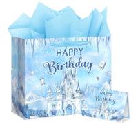 Reyoust 13" Large Blue Winter Wonderland Gift Bag With Tissue Paper and Greeting Card Snowflake Castle Design Present Bags for Girl Princess Bday Frozen Party Decor 1Pcs 13" L x 10.2" H x 4.9" D