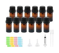 Reyshin 12Pcs 5ml Essential Oils Glass Bottles,Amber Refillable Empty Essential Oil Bottle with Black Cap Sample Glass Bottle for Essential oil Diffuser Massage Oils Beauty Oil Mix (Amber 5ml)