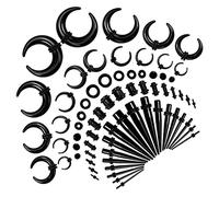 Reyshin 68 Pcs Ear Stretching Kit, 14G-00G Ear Expander Kit Acrylic Tapers and Plugs Acrylic Cone Silicone Tunnel Spiral Cone Piercing kits for all piercings (Crescent-Shaped-Black)