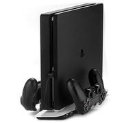 REYTID Playstation 4 Slim QUAD Stand Vertical Dual Cooling Fan Pad Double Controller Charging Dock Station + 2 USB Charging Hub Port WHITE Charge Station Cooler Pads PS4 Console Dock Battery Storage