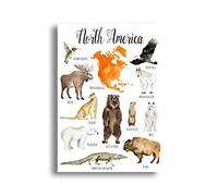 REYTOL North American Animal Education Wall Art Hummingbird Eagle Fox Crocodile Posters Cartoon Animal Canvas Painting Kids Room Home Decor Pictures（No Frame）