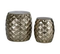 Reza Antique Silver Finish Hammered Set of 2 Drum Style Stools and Side Tables