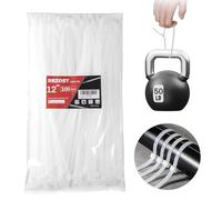 REZOSY White Zip Ties 12 Inch 100 Pack Clear Tensile Strength 50 lbs UV Resistant Industrial Cable Ties Self Locking Zipties Wire Ties Wrap Indoor Outdoor Use for Fence Garage Camping