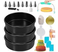 RFAQK 133PCs Round Cake Tins for Baking | Baking Tins Non Stick - 8 inch Cake Tin (x3) with Baking Accessories, Piping Nozzles, Cake Leveler, Icing Spatula, 35 Parchment Papers & eBook