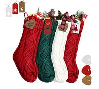 RFAQK 18 Inches Large Christmas Stockings 4 Pack - Burgundy Red, Ivory White, Green - Stretchable Knitted Xmas Stockings with 50Pcs Personalizeable Gift Tags for Family Holiday Christmas Décor