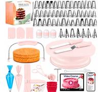 RFAQK 200PCs Cake Decorating Kit with Cake Turntable & Leveler, Baking Supplies Gift Includes 110+1 Piping Bags,55 Icing Tips,2 Frosting Spatulas, Adjustable Scraper, Video Tutorial, Booklet & more