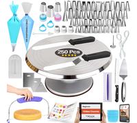 RFAQK 250 PCs Professional Cake Decorating Kit Supplies - Aluminum Alloy Cake Turntable 12" with 48 Numbered Icing Nozzles and Piping Bags,Ebook,Cake