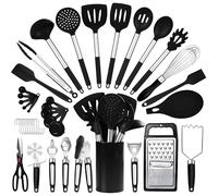 RFAQK 40PCs Silicone Kitchen Utensils Set with Holder 446℉ Heat Resistant,BPA Free Cooking Utensils Set, Silicone Utensil Set Includes Can Opener, Potato Smasher,Peeler,Tongs,Spatula Set,Pizza Cutter