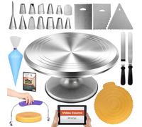 RFAQK 50PCs Cake Turntable Set - 12" Aluminium Alloy Cake Decorating Turntable- Professional Cake Decorating Kit with Straight & Offset Icing Spatula-Numbered Icing Nozzles & Bags- Cake Leveler