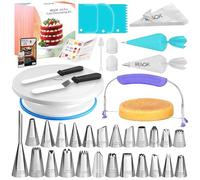 RFAQK 64 Pcs Cake Decorating Supplies Kit With Cake Turntable, Cake Leveler, 24 Numbered Piping Tips with Pattern Chart & eBook, Straight & Offset Spatula, 30 Icings Bags, 3 Icing Smoother Scraper Set