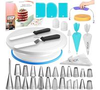 RFAQK 65 PCs Cake Decorating Kit with Cake Turntable-Cake leveler-24 Numbered Piping Tips with Pattern Chart & E Book- Straight & Offset Spatula-30 Icings Bags- 3 Icing Smoother Scraper Set