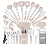 RFAQK Silicone Kitchen Utensils Set With Holder, 40PCs Heat Resistant Cooking Set for Nonstick Cookware, Kitchen Gadgets includes Can Opener, Potato Masher & Peeler, Tongs,spatulas,Pizza cutter Khaki…