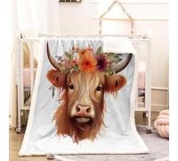 RFFLUX 3D Highland Cow Throw Blanket 130x150 cm Winter Soft Warm Cozy Flower, Cows Sherpa Blanket Sofa Lightweight Microfiber Machine Washable Bedspread for Bed and Couch（Style 206-13）