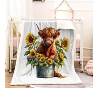 RFFLUX 3D Highland Cow Throw Blanket 150x200 cm Winter Soft Warm Cozy Flower Cows Sherpa Blanket Sofa Lightweight Microfiber Machine Washable Bedspread for Bed and Couch（Style 202-14）