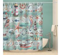 RFFLUX 3D Ocean Maritime Shower Curtain 180x180 cm Starfish Lighthouse Shower Curtain Quick Drying 100% Polyester Fabric Waterproof Washable Bath Curtains for Shower with 12 Rings（Style 24-18）