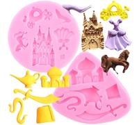 RFGHAC Aladdin Myth Themed Knife Teapot House Silicone Mould Cinderella Fondant Mould Castle Pumpkin Carriage Princess Dress Crystal Shoes Mould for Cake Decorating Chocolate Gum Paste Set of 2