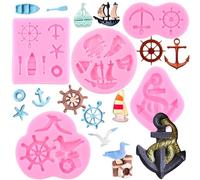 RFGHAC Anchor and Rudder Fondant Moulds Seagull Sailing Boat Hook Silicone Mould Sea Oar Lifebuoy Candy Mould for Cake Decoration Cupcake Chocolate Candy Gum Paste Crafting Polymer Clay Set of 5