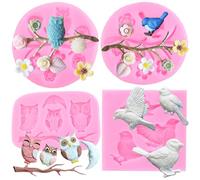 RFGHAC Bird Silicone Moulds Owls Tree Branch Fondant Mould Flower Leaves Silicone Moulds for Cake Decorating Cupcake Topper Candy Polymer Clay Chocolate Gum Paste Set of 4