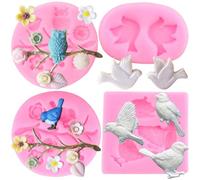 RFGHAC Bird Silicone Moulds Owls Tree Branch Fondant Mould Flower Leaves Silicone Moulds for Cake Decorating Cupcake Topper Candy Resin Clay Chocolate Gum Paste Set of 4