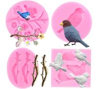 RFGHAC Bird Silicone Moulds Tree Branch Twig Fondant Mould Flower Leaves Moulds for Sugar Cake Decorating Cupcake Topper Candy Chocolate Gum Paste Polymer Clay Set of 4
