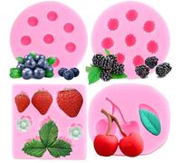 RFGHAC Blueberry Raspberry Cherry Strawberry Cake Fondant Moulds Berry Series Sugarcraft Gumpaste Silicone Mould for Chocolate Candy Cupcake Topper Decorating Polymer Clay Resin Set of 4