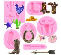 RFGHAC Bull Head Silicone Molds Feather Arrow Cowboy Boots Horseshoe Hoof Fondant Mold Chocolate Cactus Star Shoe Mold for Candy Cake Decorating Cupcake Topper Gum Paste Polymer Clay Set of 6