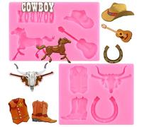 RFGHAC Bull Head Silicone Moulds Horseshoe Hoof Fondant Mould Cowboy Boot Hat Vest Horse Guitar Chocolate Moulds for Sugar Cake Decorating Cupcake Topper Gum Paste Candy Polymer Clay Set of 2