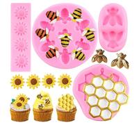 RFGHAC Bumble Bee Silicone Mould Honeycomb Bees Fondant Cake Mould Sunflower Beehive Moulds for Cake Decorating Cupcake Topper Sugar Candy Chocolate Gum Paste Set of 4