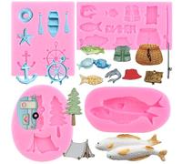RFGHAC Camping Tent Silicone Mould Boat Hook Oar Chocolate Mould Fishing Set Fondant Mould Fish Candy Mould for Sugar Cake Decorating Cupcake Topper Chocolate Gum Paste Candy Polymer Clay Set of 2