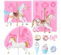 RFGHAC Carousel Horse Silicone Fondant Moulds Merry-Go-Round Chocolate Gum Paste Mould Moulds for Baby Shower Candy Cupcake Topper Polymer Clay Cake Decorating Set of 3