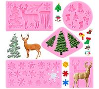 RFGHAC Christmas Cake Silicone Fondant Moulds Christmas Tree Deer Snowflake Elk Frozen Party Mould for Cupcake Topper Decorating Tools Chocolate Candy Gum Paste Polymer Clay Resin Set of 5