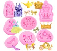 RFGHAC Cinderella Fondant Mould Fairy Tales Castle Pumpkin Carriage Princess Dress Crystal Shoes Bow Crown Silicone Chocolate Candy Mould for Sugar Cake Decorating Cupcake Gum Paste Clay Set of 7