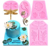 RFGHAC Dragonfly Silicone Moulds Lotus Leaf Fondant Mould Lotus Flower Mould for Cake Decorating Cupcake Topper Chocolate Candy Polymer Clay Gum Paste Set of 4