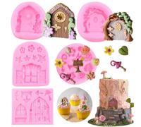 RFGHAC Enchanted Vintage Fairy Garden Fairy Gnome Home Door Window Silicone Chocolate Fondant Moulds for Cake Decorating Cupcake Topper Candy Polymer Clay Gum Paste Set of 5