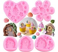 RFGHAC Enchanted Vintage Fairy Garden Fairy Gnome Home Door Window Silicone Moulds Flower Leaf Mushroom Fondant Mould for Rose Cake Decorating Cupcake Candy Chocolate Gum Paste Set of 5
