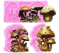 RFGHAC Enchanted Vintage Fairy Garden Fairy Gnome Mushroom House Silicone Fondant Mould Mushroom Chocolate Moulds for Cake Decorating Gum Paste Candy Polymer Clay Set of 3