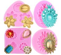 RFGHAC European Vintage Jewelry Fondant Moulds Gem Diamond Brooch Silicone Moulds for Cake Decorating Cupcake Topper Candy Polymer Clay Chocolate Gum Paste Set of 4