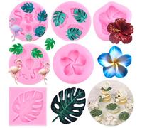 RFGHAC Flamingo Tropical Leaf Silicone Moulds Plumeria Hibiscus Flower Fondant Moulds Palm Leaves Chocolate Mould for Candy Cake Decorating Cupcake Topper Gum Paste Polymer Clay Set of 6