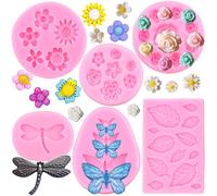 RFGHAC Flower Fondant Cake Mould Rose Butterfly Dragonfly Daisy Rose Leaf Moulds Mini Flowers Candy Silicone Moulds for Cake Decorating Cupcake Topper Polymer Clay Candy Chocolate Gum Paste Set of 6