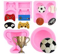 RFGHAC Football Basketball Baseball Rugby Silicone Mould Game Controller Fondant Mould Trophy Chocolate Mould for Sugar Cake Decorating Cupcake Topper Candy Polymer Clay Gum Paste Set of 4