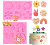 RFGHAC Groovy Silicone Moulds Fondant Moulds Daisy Rainbows Flower Silicone Moulds Bus Peace Sign Chocolate Candy Mould for Groovy Hippie Boho Cake Decorating Cupcake Gum Paste Polymer Clay Set of 2