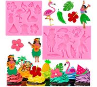 RFGHAC Hawaiian Indian Fondant Mould Summer Tropical Palm Leaves Flower Flamingo Maiden Silicone Mould for Luau Party Theme Cake Decorating Cupcake Topper Candy Chocolate Paste Polymer Clay Set of 2