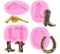 RFGHAC Horseshoe Hoof Silicone Mould Cowboy Boot Fondant Moulds Gun Handgun Candy Mould for Sugar Cake Decorating Cupcake Topper Chocolate Gum Paste Polymer Clay Set of 4