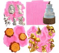 RFGHAC Jungle Safari Animal Cake Mould Wood Grain Tree Bark Silicone Mould Tree Bark Texture Fondant Moulds Snail Tree Stump Chocolate Moulds for Cake Decorating Gum Paste Candy Polymer Clay Set of 4