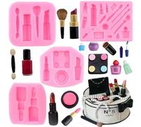 RFGHAC Makeup Theme Silicone Moulds Lipstick Perfume Eyelash Brush Nail Polish Fondant Mould for Cake Decorating Cupcake Topper Candy Chocolate Gum Paste Polymer Clay Set of 4